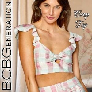 BCBGENERATION Madras Plaid Sweetheart Neck, Open Back/Bow-Tie Crop Top NWT/LG